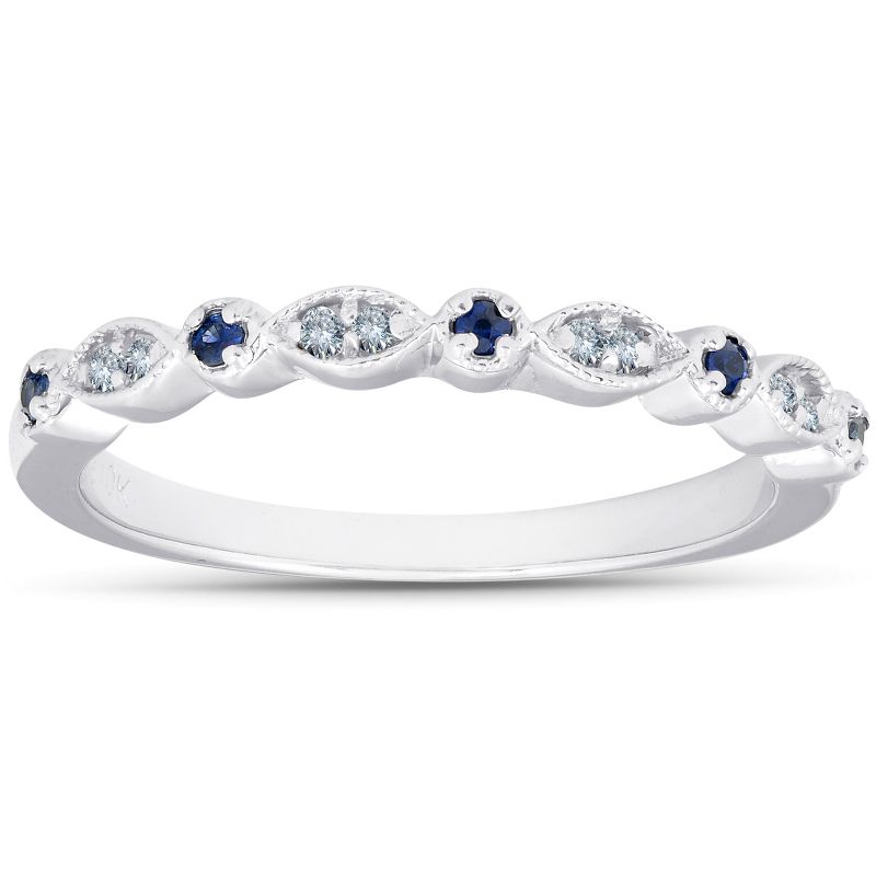 Pompeii3 1/5 ct Blue Sapphire & Diamond Wedding Ring Stackable Band 10k White Gold, 1 of 6