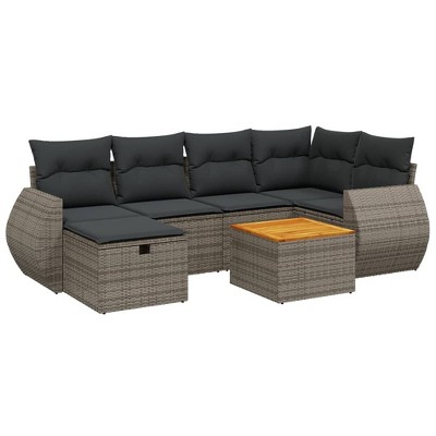 vidaXL 7 Piece Patio Sofa Set with Cushions Gray Poly Rattan - Gray
