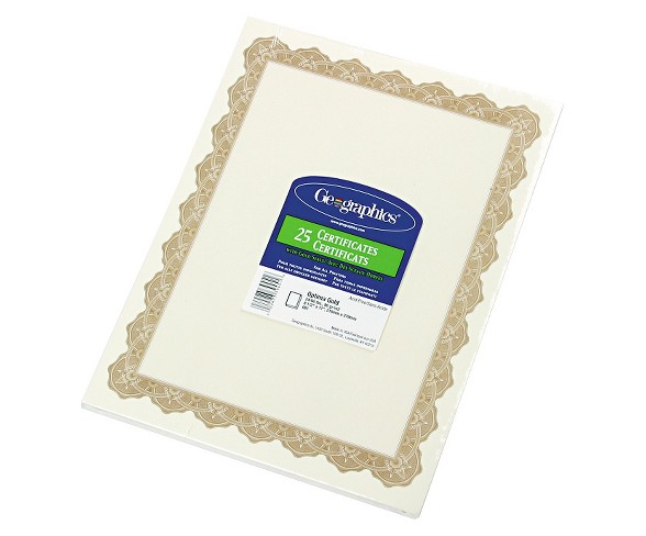 Geographics&#174; Parchment Paper Certificates, 8-1/2 x 11, Optima Gold Border, 25/Pack