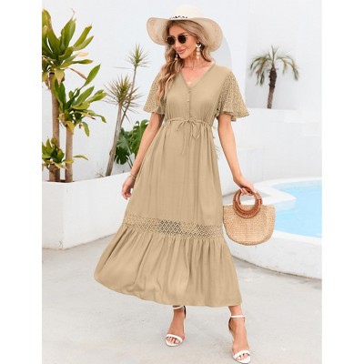Women's Casual Flowy Lace Short Sleeve Maxi Dress V Neck High Elastic Waist Dress