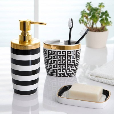Derby Black and White Ceramic Toothbrush Holder with Gold Accent