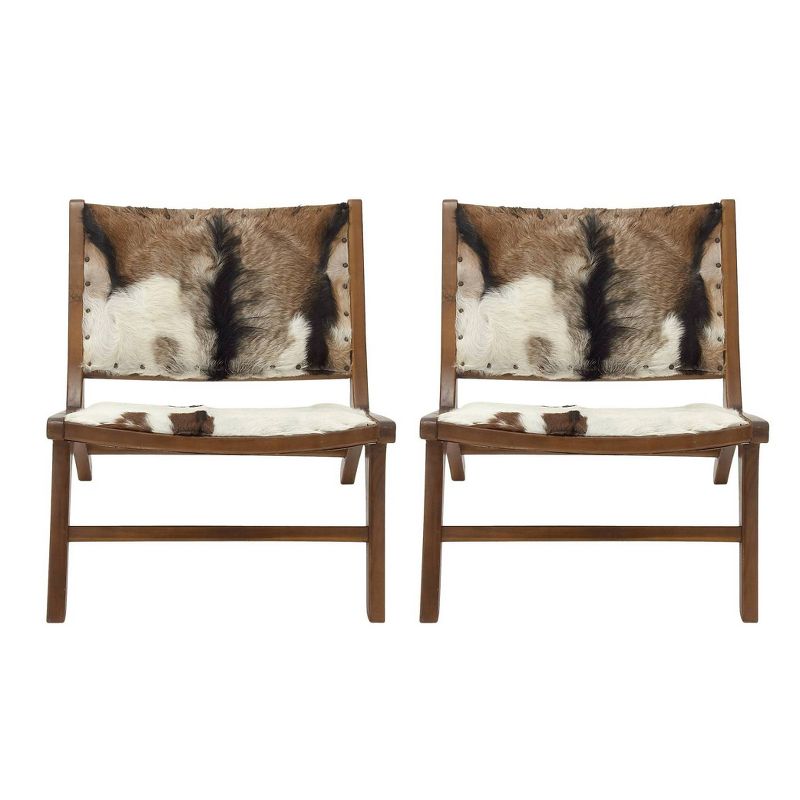 Set of 2 Rustic Goat Leather and Teak Accent Chairs Brown - Olivia &#38; May, 6 of 7