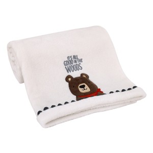 NoJo Into the Wilderness White, Navy, and Brown Bear 'It's All Good in the Woods' Super Soft Applique Baby Blanket with Trim - 1 of 4