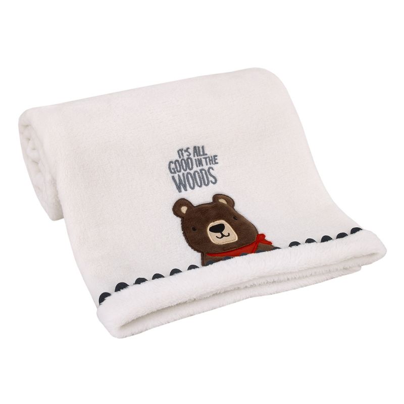 NoJo Into the Wilderness White, Navy, and Brown Bear 'It's All Good in the Woods' Super Soft Applique Baby Blanket with Trim, 1 of 5
