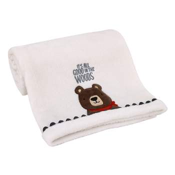 NoJo Into the Wilderness White, Navy, and Brown Bear 'It's All Good in the Woods' Super Soft Applique Baby Blanket with Trim