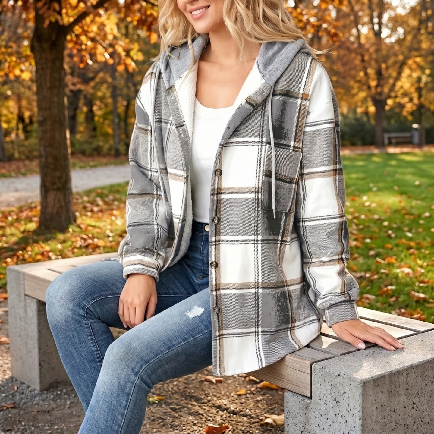 Женские куртки mysuntown Plaid Hooded Jackets for Women, Fleece Lined Winter Coat with Drawstring, Single Breasted Casual Outerwear — фото 4