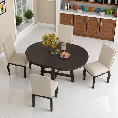 5-Piece Farmhouse Dining Set, Round Extendable Table with 4 Upholstered Chairs, Rustic Wood Dining Set for Kitchen and Dining Room
