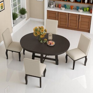 5-Piece Farmhouse Dining Set, Round Extendable Table with 4 Upholstered Chairs, Rustic Wood Dining Set for Kitchen and Dining Room - 1 of 4