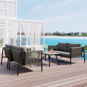4PCS Outdoor Patio Sofa Set with Toughened Glass Table and Thick Cushions, Beige/ Gray, 4A -ModernLuxe - 1 of 4