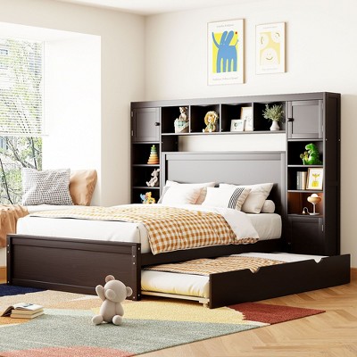 PAGED Twin Size Platform Bed Modern Wooden Bed Frame with Trundle and Headboard for Bedroom