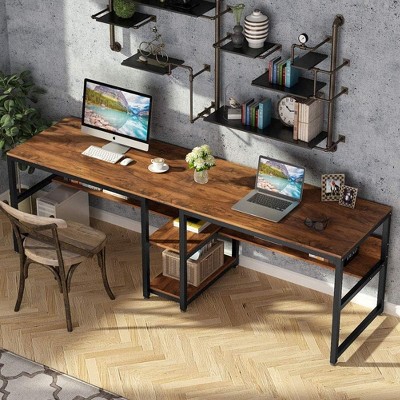 78.7" Brown Wood Double Desk with Open Storage Shelf