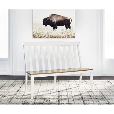 White and Natural Wood Slat-Back Dining Bench