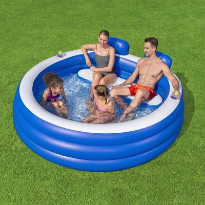 Blue and White Inflatable Round Family Pool with Headrests