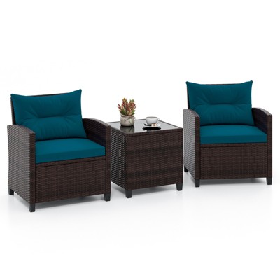 Tangkula Set of 3 Rattan Furniture Set Patio Cushioned Conversation Set Sofa