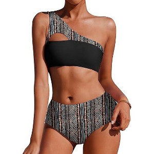 AI'MAGE Women's Bikini Sets Reversible Wear Cutout One Shoulder Top with Mid Waist Two Piece Bathing Suit - 1 of 3