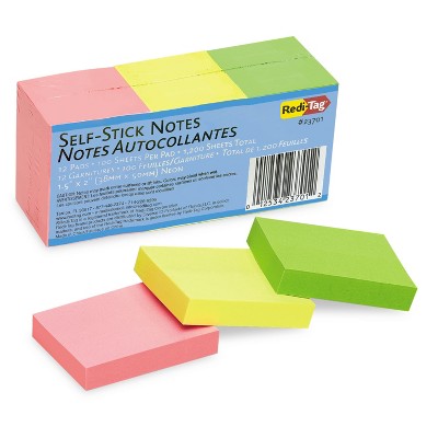 Redi-Tag Self-Stick Notes 1 1/2 x 2 Neon 12 100-Sheet Pads/Pack 23701