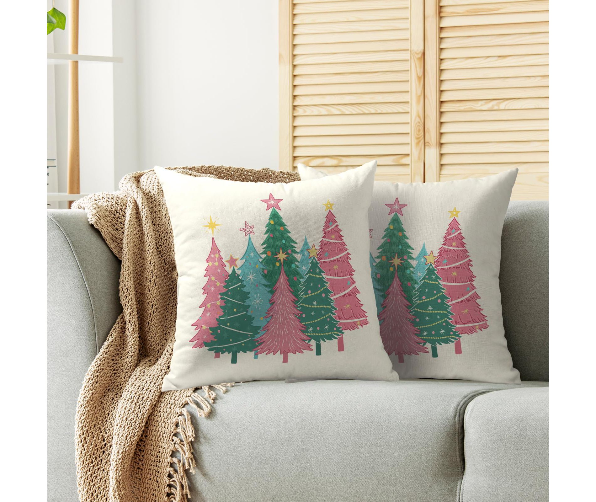 Christmas Pillow Covers 18X18 Set of 2, Colorful Pastel Xmas Tree Print