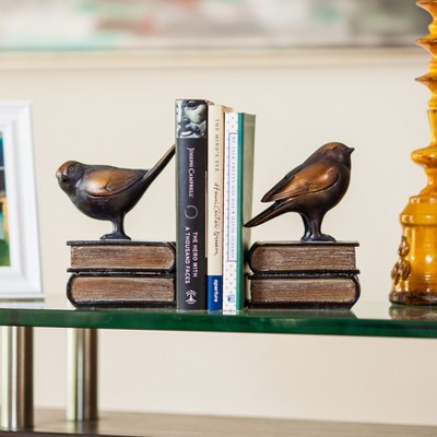 Antique Bronze Resin Birds on Books Bookend Set