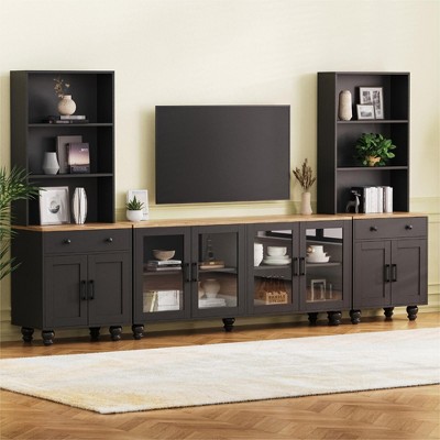 Sapphtopaz Farmhouse TV Stand for TVs Up to 70" with Adjustable Shelves Entertainment Center with Solid Wood Legs TV Stands for Living Room