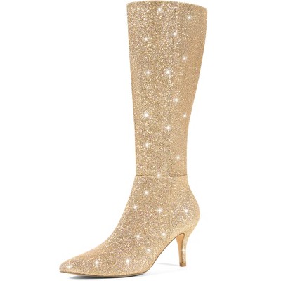 Perphy Women's Pointy Toe Glitter Stiletto Heel Knee High Boots