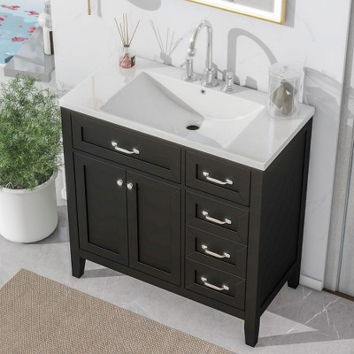 Freestanding Bathroom Vanity With Top Sink, Bathroom Storage Cabinet With 2 Doors And 3 Drawers, For Bathroom 35.98"Lx 18.03"Wx 35.98"H