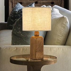 ALOADECOR 18''Farmhouse Traditional Natural Brown Solid Wood Base Table Lamp with Beige Fabric Shade for Bedroom Living Room - 1 of 4