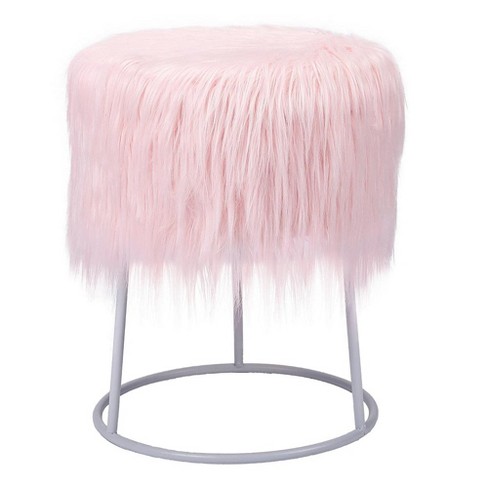 BirdRock Home Round Pink Faux Fur Foot Stool Storage Ottoman with White Legs