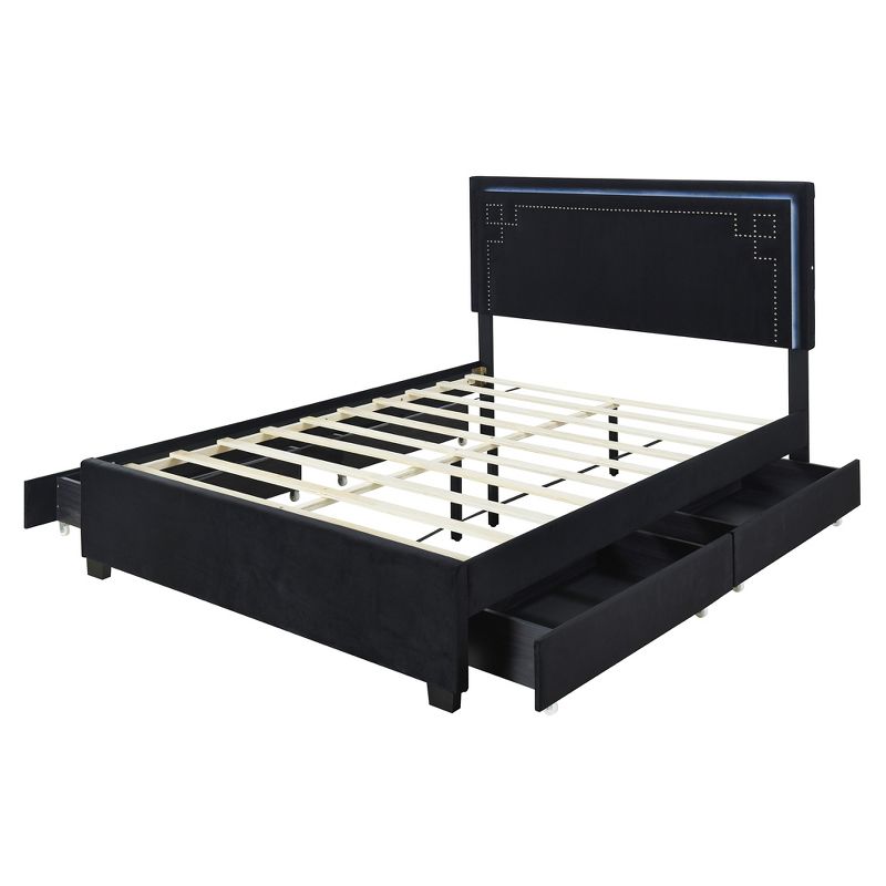 Queen Size Upholstered Platform Bed with Rivet-Decorated Headboard, LED Light and 4 Drawers - ModernLuxe, 4 of 13