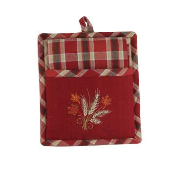 Design Imports 27.5" Red and Brown Embroidered Wheat with Autumn Leaves Kitchen Gift Set