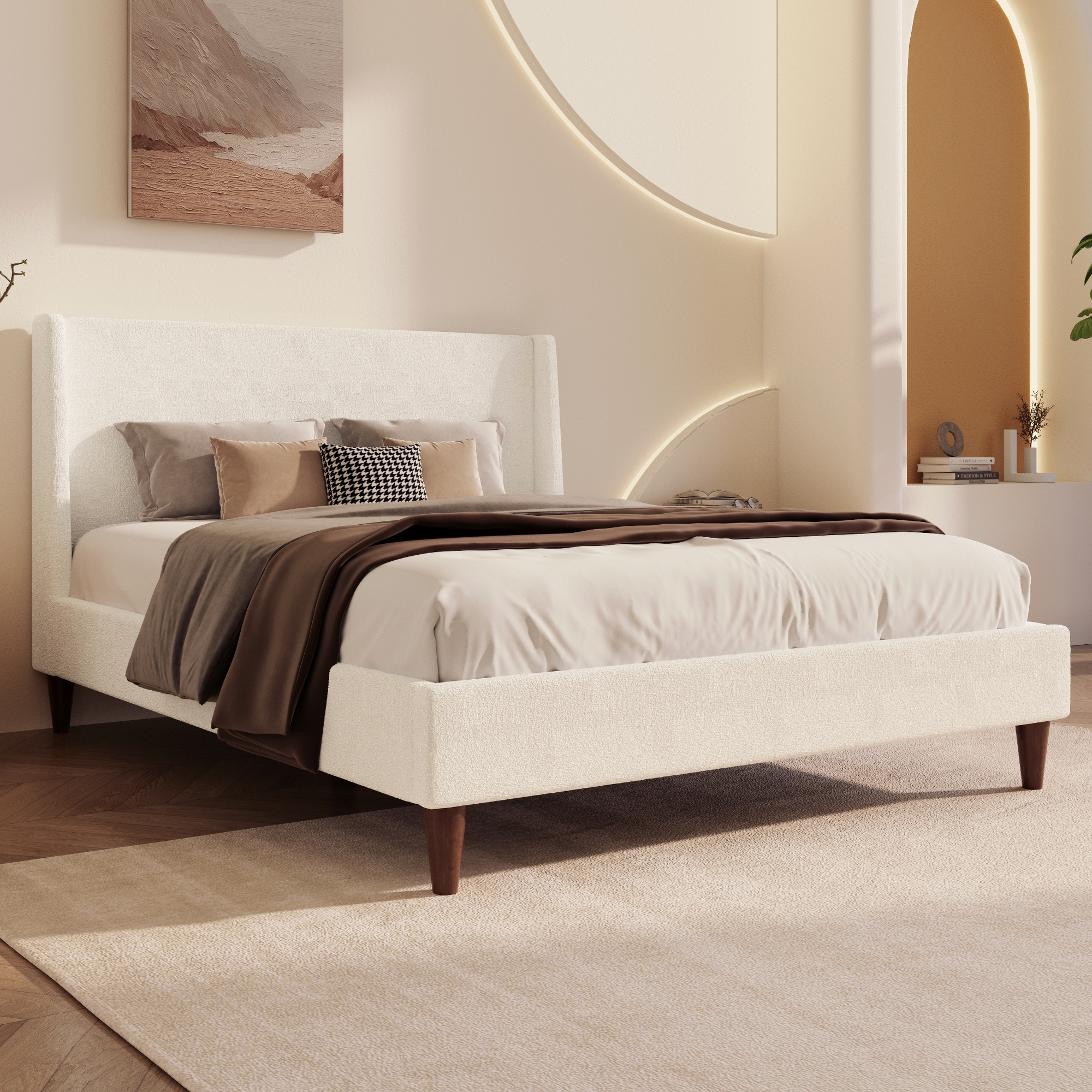 Queen/King Size Upholstered Platform Bed Frame with Wingback Headboard and Walnut Wooden Legs, Beige, No Box Spring Needed-ModernLuxe