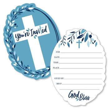 Big Dot of Happiness Blue Elegant Cross - Shaped Fill-in Invitations - Boy Religious Party Invitation Cards with Envelopes - Set of 12