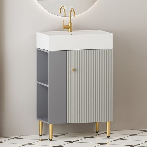 Whisen 21.6" Freestanding Bathroom Vanity with Ceramic Sink with Soft-Close Wave-Pattern Door and Open Left Side Storage - 1 of 4