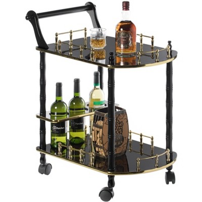 Fabulaxe Wood Serving Bar Cart Tea Trolley with 2 Tier Shelves and Rolling Wheels