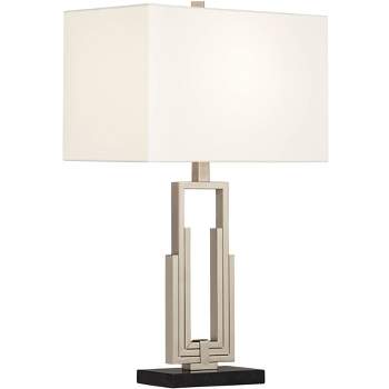 Possini Euro Design Sonia Modern Mid Century Table Lamp 28" Tall Brushed Steel Silver White Rectangle Shade for Bedroom Living Room Bedside Nightstand