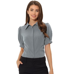 Allegra K Women's Puff Short Sleeve Collared Cotton Office Button Down Shirt - 1 of 4