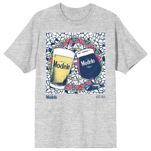 Modelo Wine, Glasses, Mosaic glass background EST 1925, Viva La Tradicion on Athletic Heather Short Sleeve Adult T-Shirt - 1 of 4