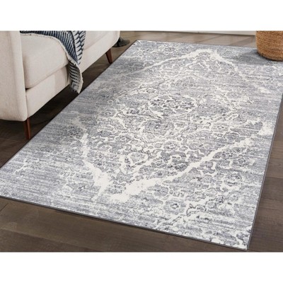Silver 5' x 7' Distressed Oriental Synthetic Area Rug