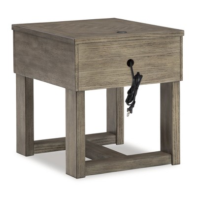Transitional Brown and White Wood End Table with Storage and USB Charging