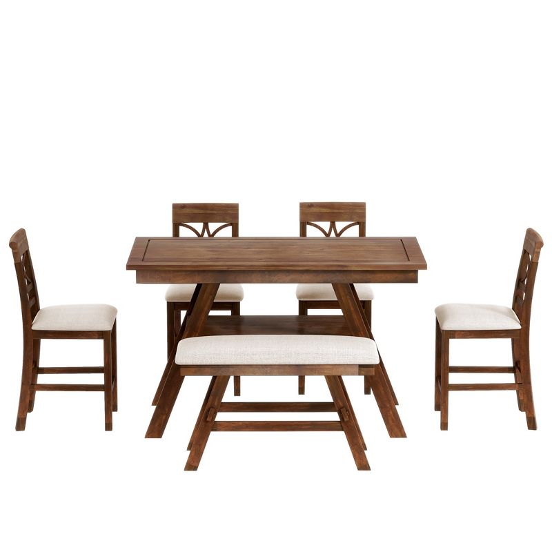 Rustic 6-Piece Wood Counter Height Dining Table Set with Storage Shelf, 4 Chairs and Bench-ModernLuxe, 2 of 11