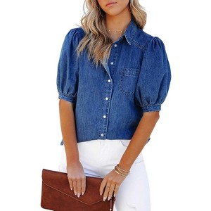 Womens Denim Shirs Puff Sleeve Collar Neck Casual Lightweight Denim Shirt Top - 1 of 1