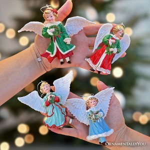 Enchanted Handpainted Angel Ornaments Set of 4, Vintage Angelic Christmas Tree Decorations - 1 of 4