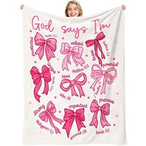 Pink Bow Christian Throw Flannel Blanket, Bible Verse Religious. - 1 of 4