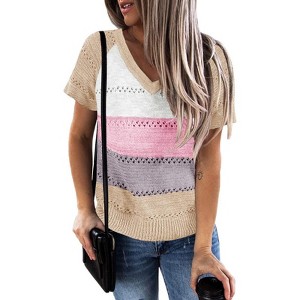 Womens V Neck Lightweight Crochet Sweater Color Block Pullover Sweater Summer T Shirts 2024 - 1 of 4