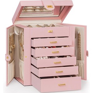 Large Lockable Leather Jewelry Box with Mirror, Huge Organizer Storage Case for Necklaces, Earrings, Rings, Bracelets - 1 of 4