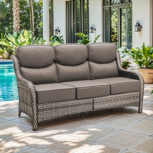 6" Thick Cushion Outdoor Wicker Patio Sofa, All Weather Wicker Outdoor Furniture 3-Seater Sofa High Back Patio Couch for Porch Balcony - 1 of 4