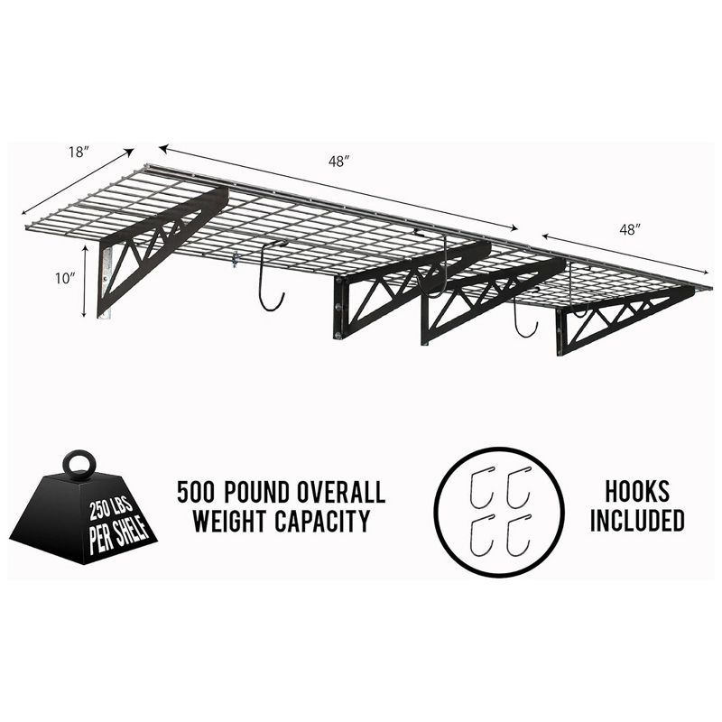 SafeRacks 18 x 48 Inch Heavy Duty Garage Wall Mounted Utility Shelf with 4 Accessory Hooks and 500 Pound Maximum Capacity, Hammertone Grey (2 Pack), 2 of 7
