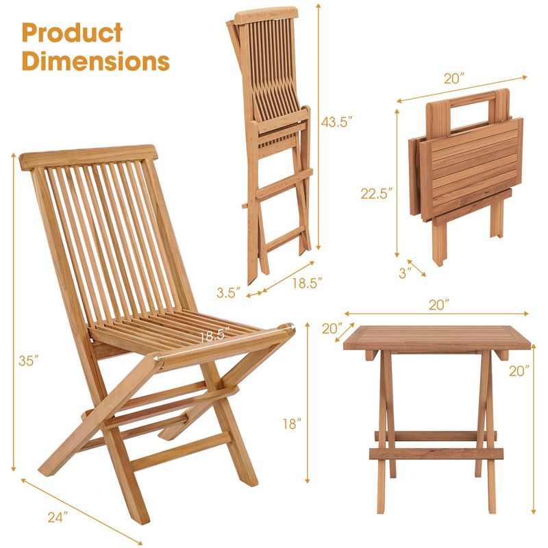 Costway 3PCS Patio Bistro Set Square Table Indonesia Teak Wood Folding Chair Slatted Tabletop Seat, 3 of 10