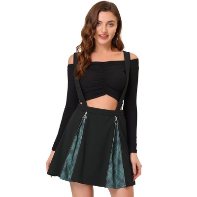 Allegra K Women's Plaid Zipper Removable Straps Overall Suspender Skirt