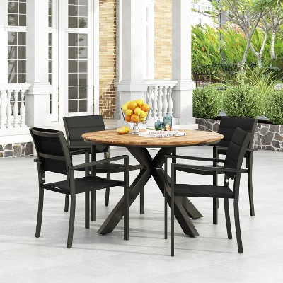 Christopher Knight Home Elizabeth 5 Piece Outdoor Dining Set with Acacia Wood Slatted Table and Aluminum Mesh Chairs