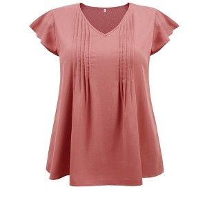 Women's Plus Size Topstitched Tucks V Neck Ruffle Short Sleeve Dressy Casual Blouses - GRACE & GRANDEUR - 1 of 4